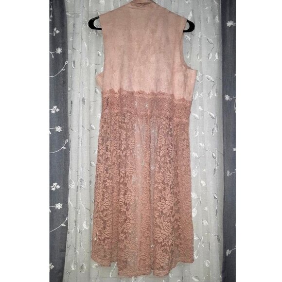 VOCAL Pink Suede and Lace Long Vest Sleeveless Duster Open Cardigan Sweater L - Picture 4 of 6